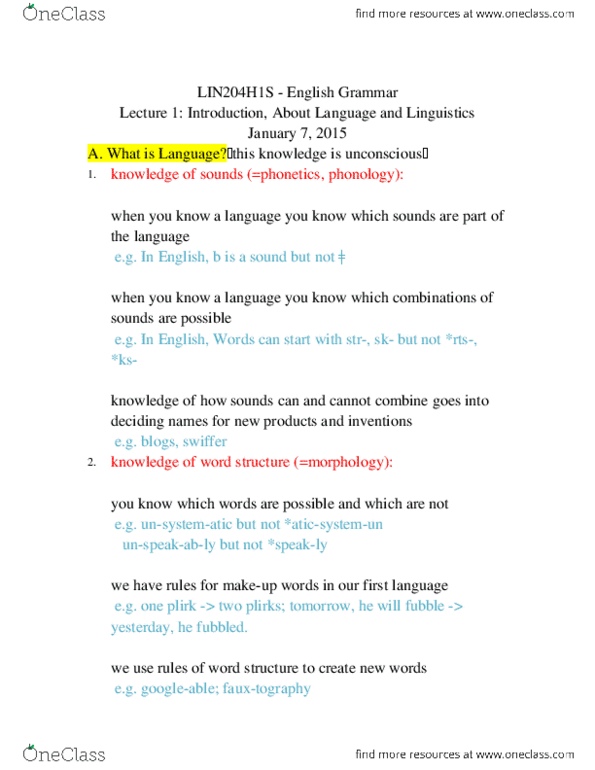LIN204H1 Lecture Notes - Lecture 1: Preposition And Postposition, Phonetics, Pragmatics thumbnail
