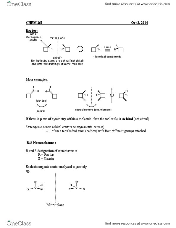 CHEM164 Lecture Notes - Lecture 7: Stereocenter, Stereoisomerism, Enantiomer thumbnail