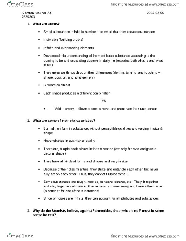 PHI 2380 Chapter Notes - Chapter p. 303-342: Atomism thumbnail