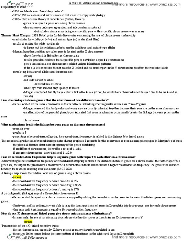 BIO SCI 93 Lecture Notes - Lecture 18: Thomas Hunt Morgan, Meiosis, Y Chromosome thumbnail