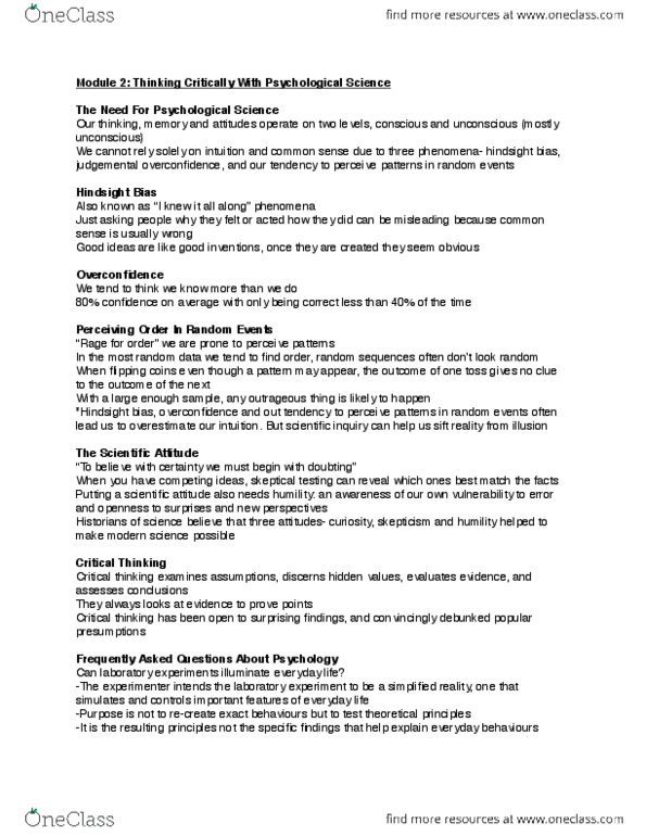 PSYC 1000 Chapter Notes - Chapter 2: Hindsight Bias, Scale-Invariant Feature Transform, Psychological Science thumbnail