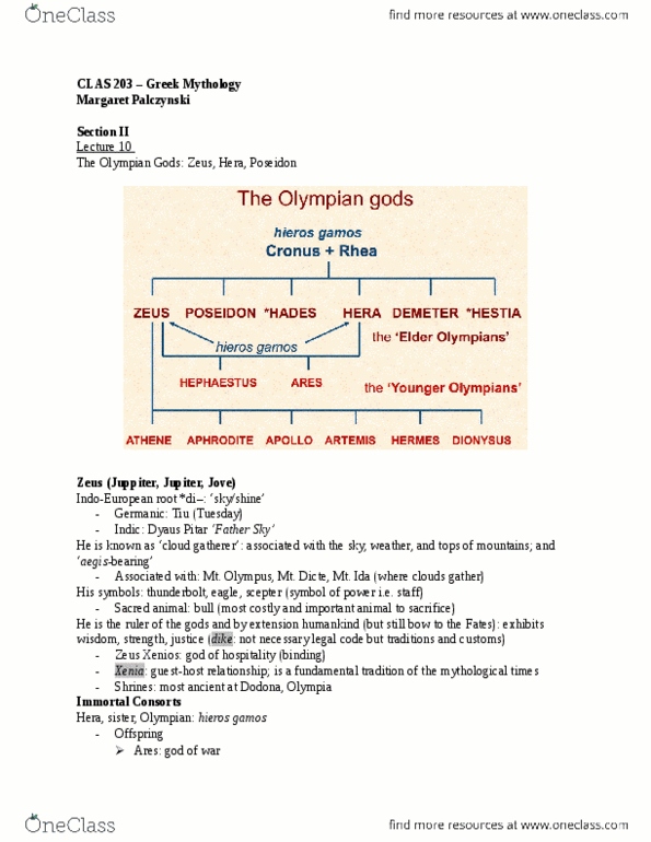 CLAS 203 Lecture Notes - Lecture 10: Hieros Gamos, Zeus, Greek Mythology thumbnail