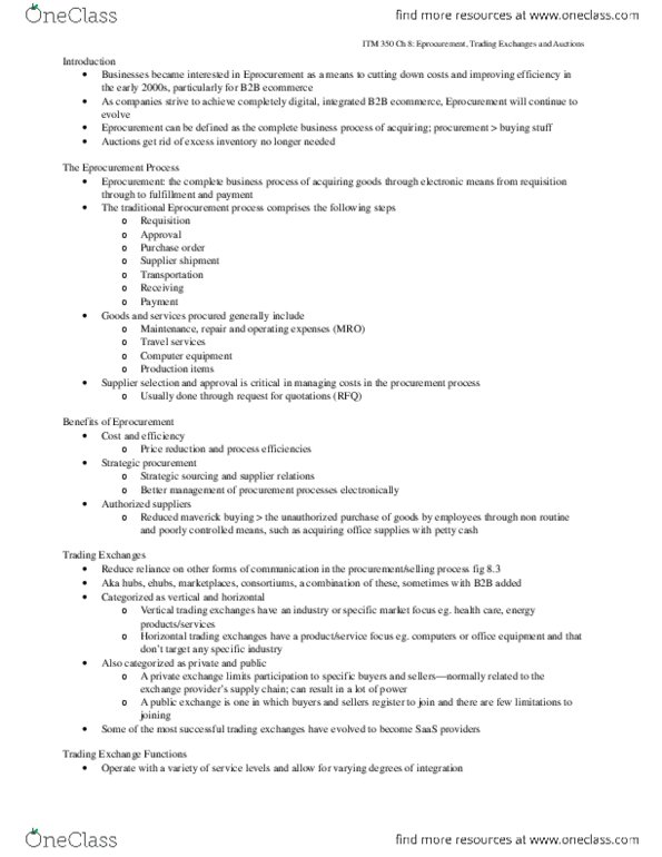 ITM 350 Chapter Notes - Chapter 8: E-Procurement thumbnail