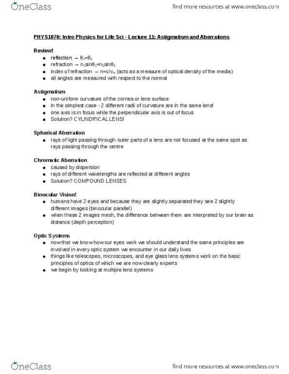 PHYS 1070 Lecture Notes - Lecture 11: Chromatic Aberration, Absorbance, Depth Perception thumbnail