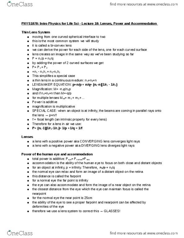 PHYS 1070 Lecture Notes - Lecture 10: Thin Lens, Far-Sightedness, Retina thumbnail