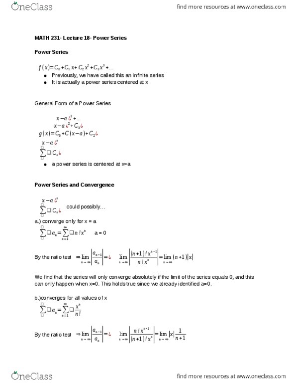 MATH 231 Lecture Notes - Lecture 18: Absolute Convergence, Limit Comparison Test, Alternating Series thumbnail