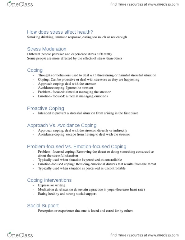 PSYC 2301 Lecture Notes - Lecture 6: Avoidance Coping thumbnail