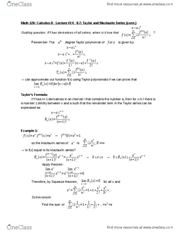 MATH 126 Lecture Notes - Lecture 24: Squeeze Theorem, Ratio Test thumbnail