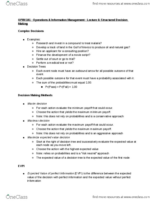 OIDD 101 Lecture Notes - Lecture 6: Minimax, Risk Neutral, Prior Probability thumbnail