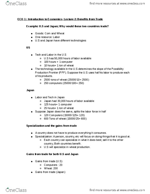 ECON 1 Lecture Notes - Lecture 2: Opportunity Cost, Comparative Advantage thumbnail