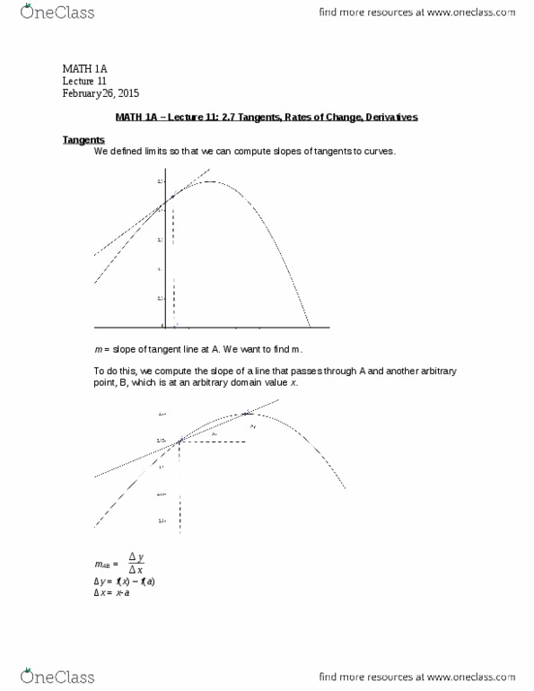 MATH 1A Lecture 11: 2.7 Tangents, Rates of Change, Derivatives.docx thumbnail