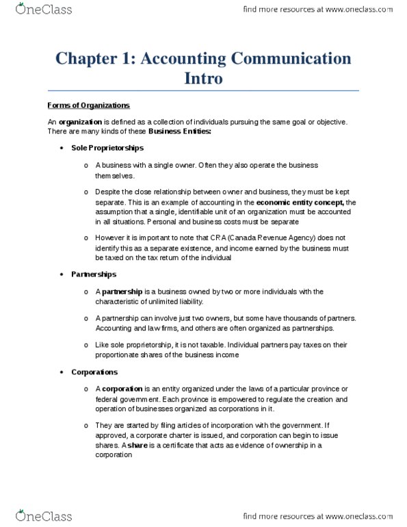 ACC 100 Chapter Notes - Chapter 1: International Accounting Standards Board, Historical Cost, Accounting Equation thumbnail