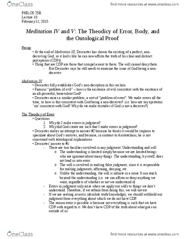 PHILOS 25B Lecture Notes - Lecture 10: Theodicy, Ontological Argument thumbnail