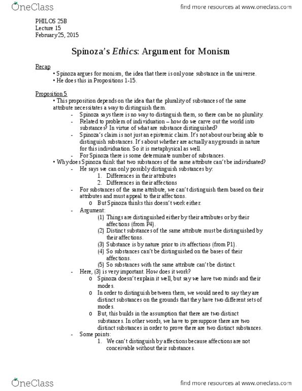 PHILOS 25B Lecture Notes - Lecture 15: Baruch Spinoza, Monism, No Substance thumbnail