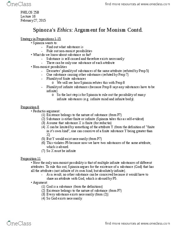 PHILOS 25B Lecture Notes - Lecture 16: Scholia, Baruch Spinoza, Monism thumbnail