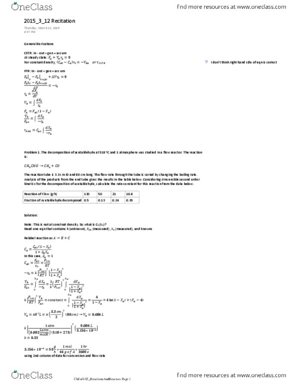 CHEN 3102 Lecture Notes - Lecture 41: Acetaldehyde, Reaction Rate Constant thumbnail