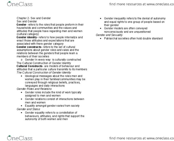 ANTHROP 1AA3 Lecture Notes - Lecture 3: Gender Inequality, Gender Identity, Gender Equality thumbnail