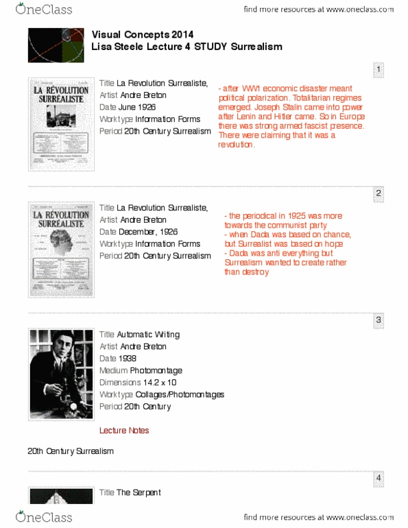 VIC101H1 Lecture Notes - Lecture 4: Marcel Duchamp, Un Chien Andalou, Max Ernst thumbnail