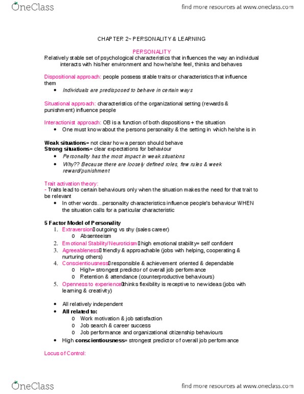 Management and Organizational Studies 2181A/B Chapter Notes -Reinforcement, Extraversion And Introversion, Job Performance thumbnail