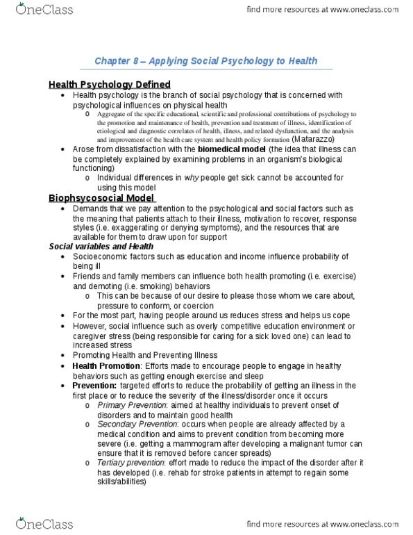 PSYC 3310 Chapter Notes - Chapter 8: Safe Sex, Stress Management, Health Belief Model thumbnail