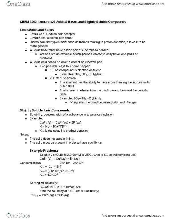 CHEM 1062 Lecture Notes - Lecture 23: Lead, Solubility Equilibrium, Lewis Acids And Bases thumbnail