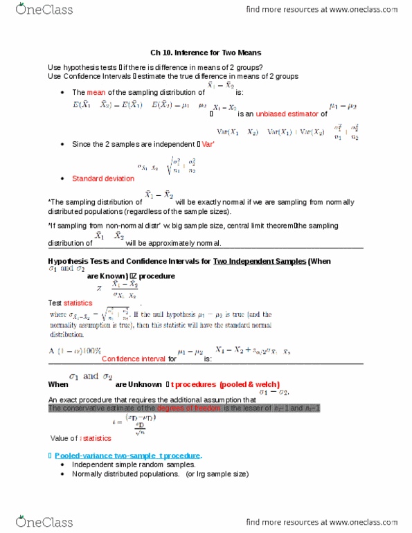 STAT 2040 Lecture Notes - Lecture 10: Paired Difference Test, Statistical Unit, Variance thumbnail