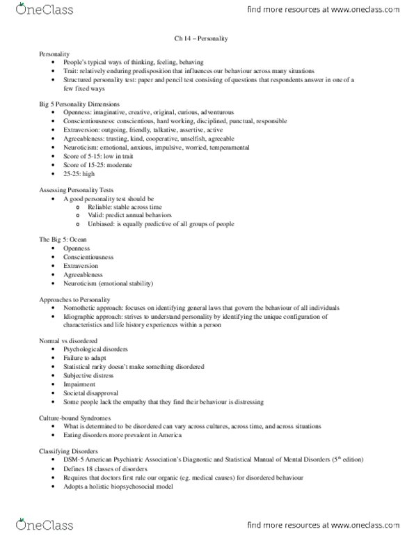 PSY 202 Chapter Notes - Chapter 14: Neuroticism, Schizophrenia, Conscientiousness thumbnail