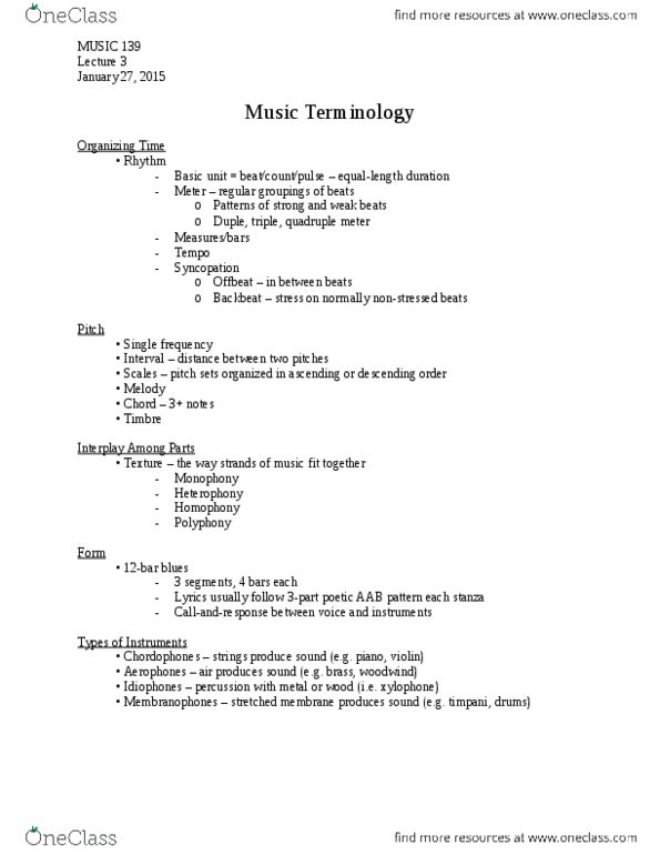 MUSIC 139 Lecture Notes - Lecture 3: Monophony, Homophony, Xylophone thumbnail