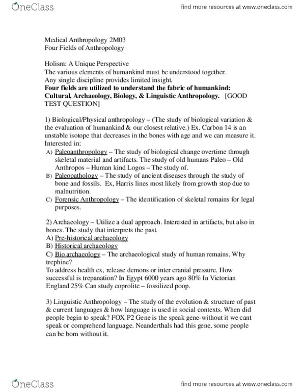 COLLAB 2C03 Lecture Notes - Lecture 4: Ethnomedicine, Paleopathology thumbnail