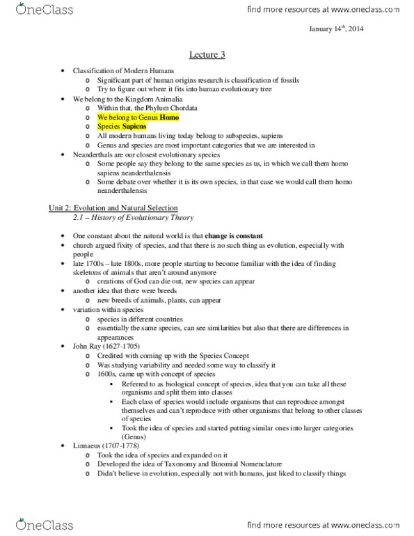 ARCH 131 Lecture Notes - Lecture 3: Macroevolution, Microevolution, Carl Linnaeus thumbnail