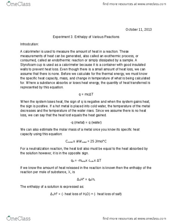 CHM 1100 Lecture Notes - Lecture 8: Experimental Literature, Sodium Chloride, Joule thumbnail