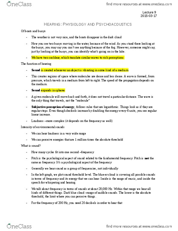 PSYB51H3 Lecture Notes - Lecture 9: Hair Cell, Standing Wave, White Noise thumbnail