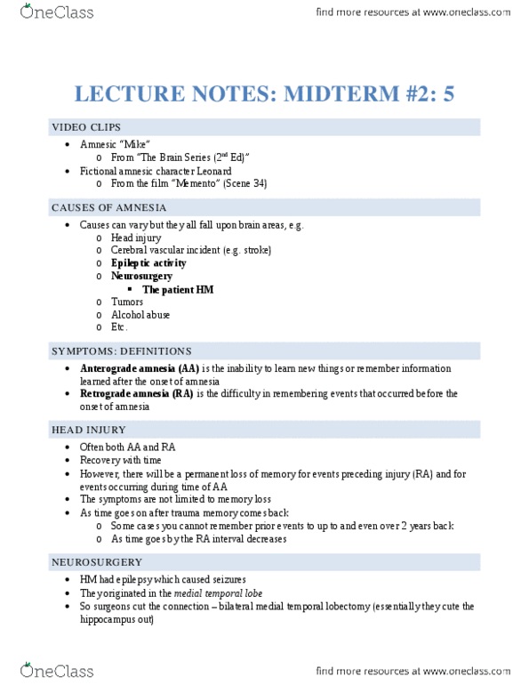 PSYC 2650 Lecture Notes - Lecture 5: Head Injury, Memory Span, Lobectomy thumbnail