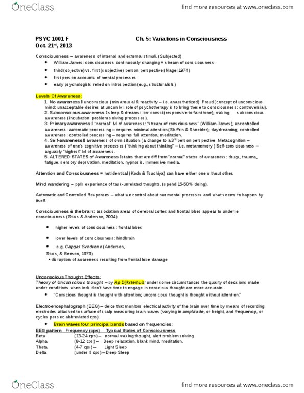 PSYC 1001 Lecture Notes - Lecture 5: Circadian Rhythm, Circadian Clock, Delta Wave thumbnail