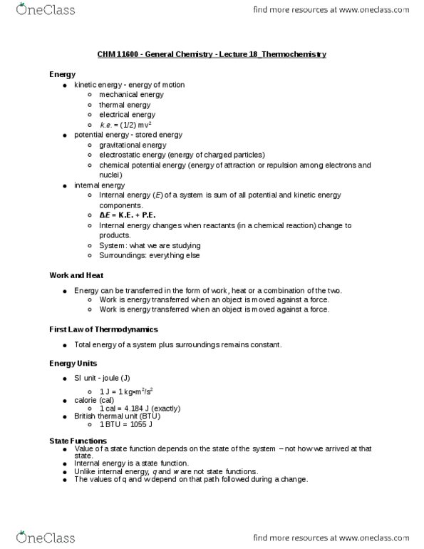 CHM 11600 Lecture Notes - Lecture 18: Chemical Energy, Enthalpy, Thermodynamics thumbnail