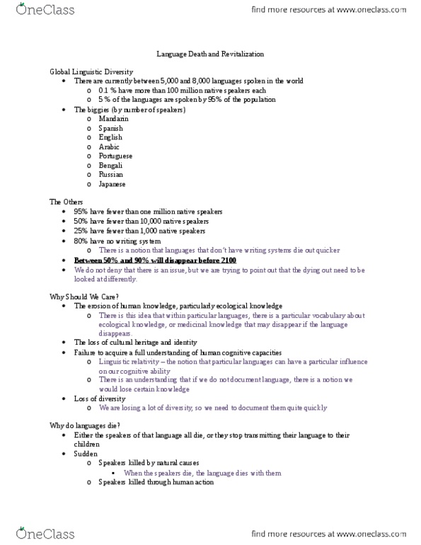 ANT206H5 Lecture Notes - Lecture 11: Linguistic Imperialism, Linguistic Relativity, The Linguists thumbnail