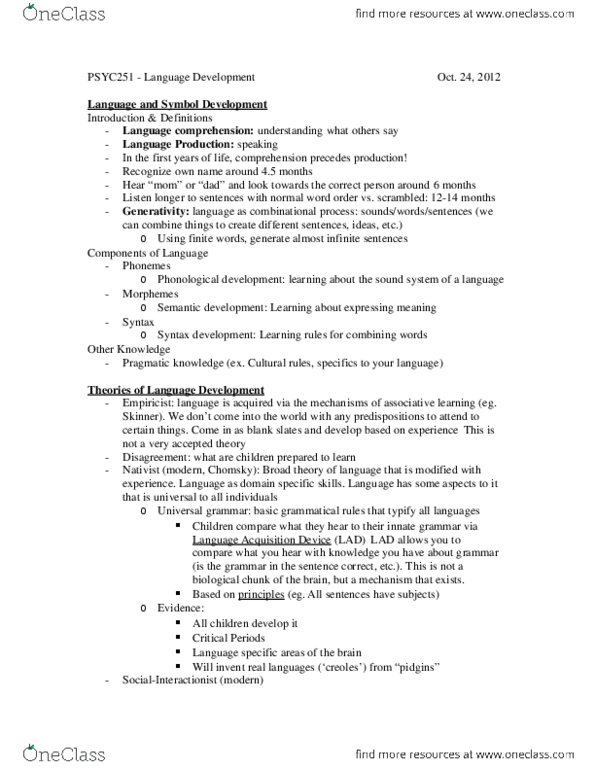 PSYC 251 Lecture Notes - Lecture 12: Noam Chomsky, Empiricism thumbnail