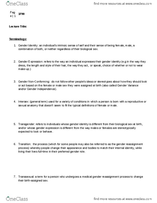 WGST 1F90 Lecture Notes - Lecture 6: American Psychiatric Association, Diagnostic And Statistical Manual Of Mental Disorders, Cisgender thumbnail