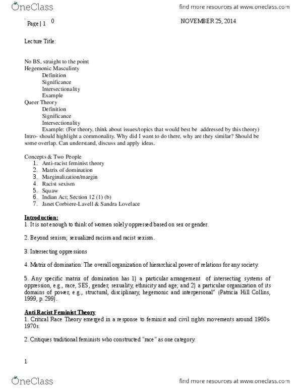 WGST 1F90 Lecture Notes - Lecture 9: Patricia Hill Collins, Critical Race Theory, Finding Dawn thumbnail