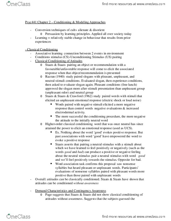 PSYC 441 Chapter 2: Conditioning & Modelling Approach thumbnail