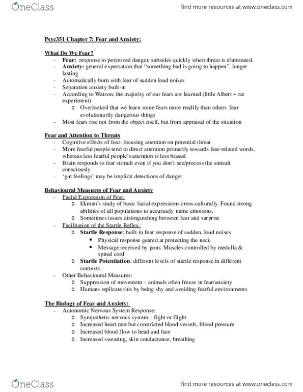 PSYC 351 Chapter Notes - Chapter 7: Claustrophobia, Neurochemistry thumbnail