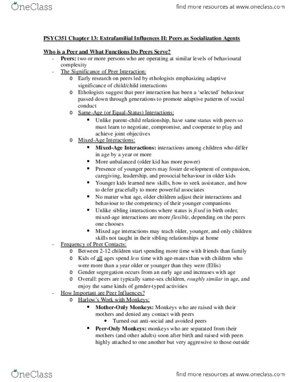 PSYC 351 Chapter 13: Extrafamilial Influences II - Peers as Socialization Agents thumbnail