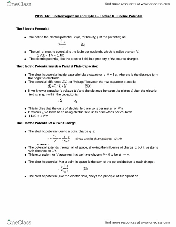 PHYS 142 Lecture Notes - Lecture 8: Capacitor, Electric Field thumbnail