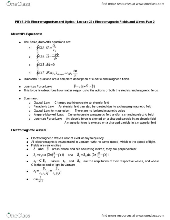 PHYS 142 Lecture Notes - Lecture 32: Electromagnetic Radiation, Electric Field thumbnail