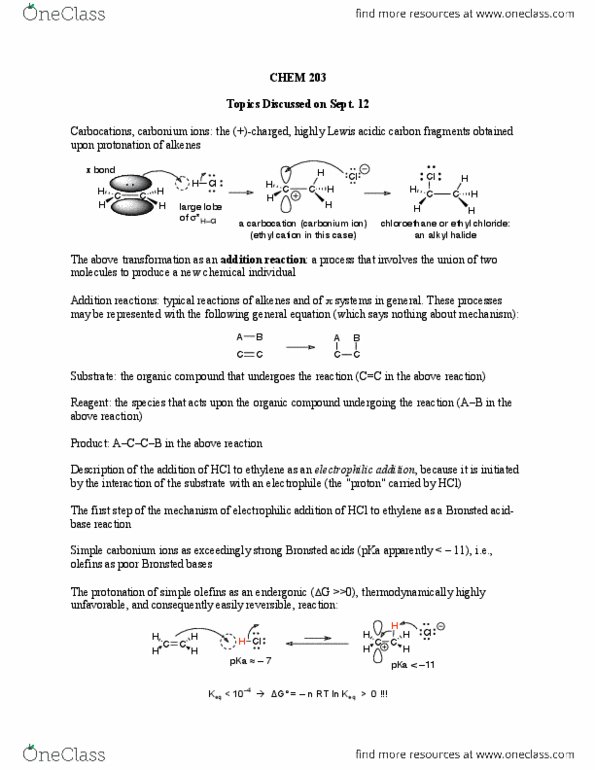 CHEM 203 Lecture Notes - Lecture 5: Carbonium Ion, Electrophilic Addition, Chloroethane thumbnail