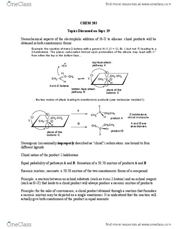 CHEM 203 Lecture Notes - Lecture 8: Racemic Mixture, Hydration Reaction, Electrophilic Addition thumbnail