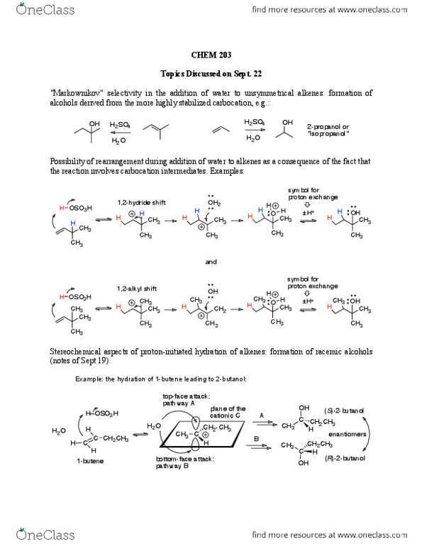 CHEM 203 Lecture Notes - Lecture 9: Hydration Reaction, Isopropyl Alcohol, Alkene thumbnail