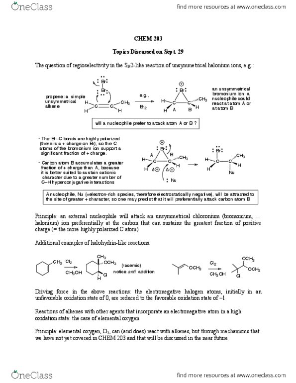 CHEM 203 Lecture Notes - Lecture 12: Halonium Ion, Alkene, Nucleophile thumbnail