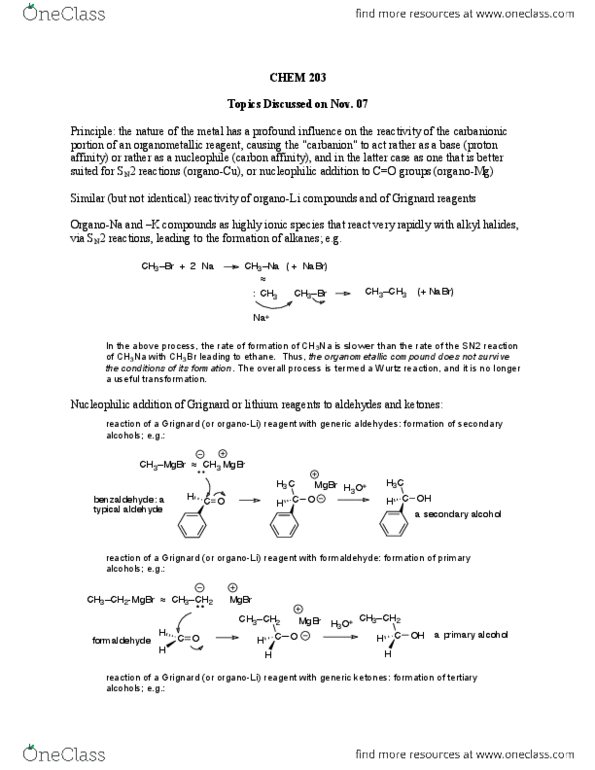 CHEM 203 Lecture Notes - Lecture 28: Wurtz Reaction, Sn2 Reaction, Nucleophilic Addition thumbnail