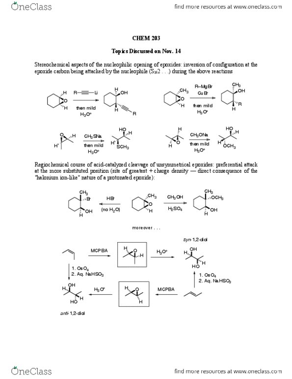 CHEM 203 Lecture Notes - Lecture 31: Meta-Chloroperoxybenzoic Acid, Nucleophilic Substitution, Epoxide thumbnail